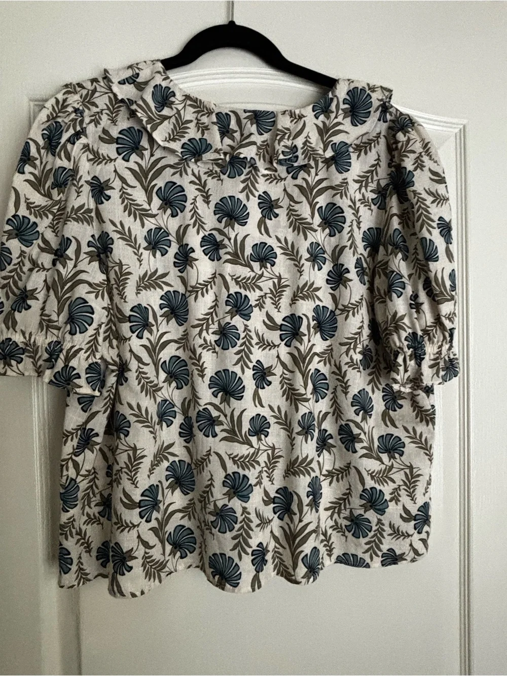 LOFT Cream Blouse with Teal Floral Ruffle Front